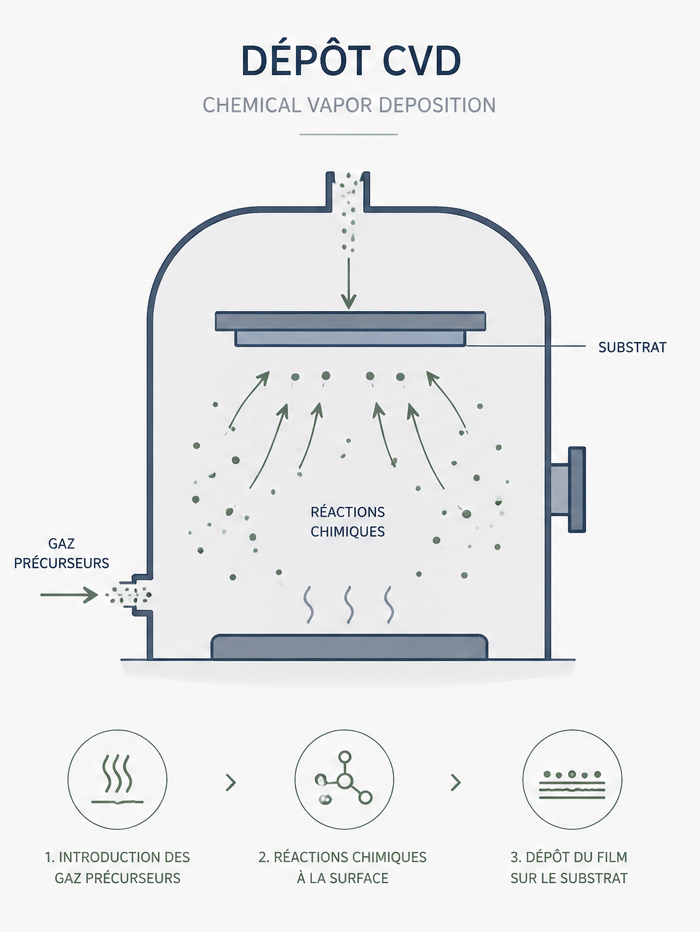 Schéma du dépôt CVD montrant un récipient fermé avec entrée de gaz précurseurs, réactions chimiques dans la chambre, et substrat en haut où le film se dépose. Trois étapes sont illustrées en bas : introduction des gaz précurseurs, réactions chimiques à la surface, et dépôt du film sur le substrat.