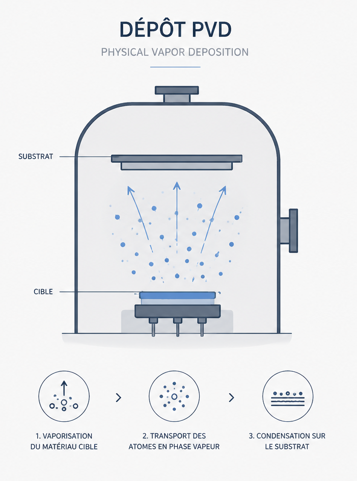 Schéma illustrant le processus de dépôt par vaporisation physique (PVD) dans une chambre sous vide avec une cible chauffée à la base vaporisant des atomes vers un substrat placé en haut pour condenser le matériau. En bas, trois étapes sont détaillées : 1. Vaporisation du matériau cible avec une flèche vers le haut, 2. Transport des atomes en phase vapeur sous forme de particules en suspension, 3. Condensation sur le substrat avec accumulation de couches atomiques.